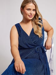 Yours Curve Blue London Metallic Wrap Skater Dress - Image 5 of 6