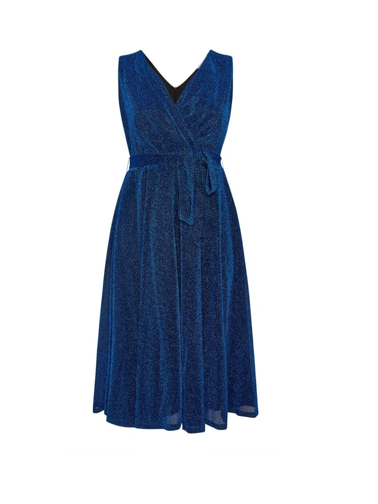 Yours Curve Blue London Metallic Wrap Skater Dress - Image 6 of 6