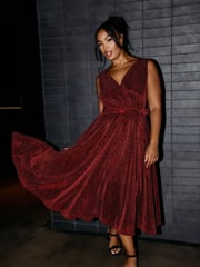 Yours Curve Red London Metallic Wrap Skater Dress - Image 1 of 7