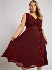 Yours Curve Red London Metallic Wrap Skater Dress - Image 2 of 7