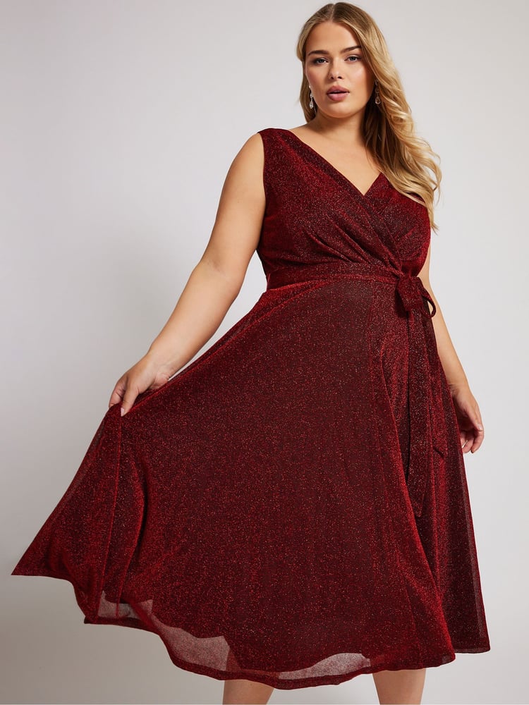 Yours Curve Red London Metallic Wrap Skater Dress - Image 2 of 7