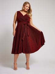 Yours Curve Red London Metallic Wrap Skater Dress - Image 3 of 7