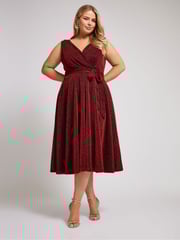 Yours Curve Red London Metallic Wrap Skater Dress - Image 4 of 7