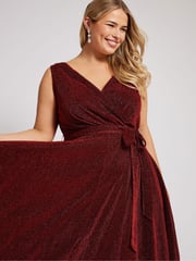 Yours Curve Red London Metallic Wrap Skater Dress - Image 6 of 7