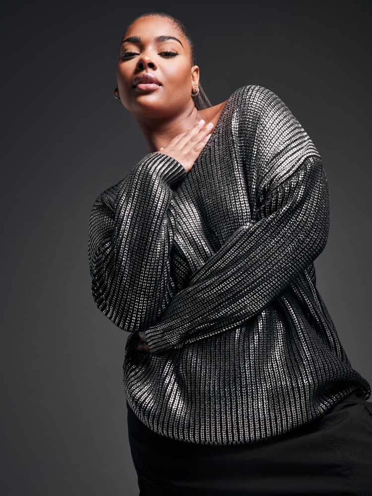 Yours Curve Black Foil Knit Jumper - Image 1 of 6