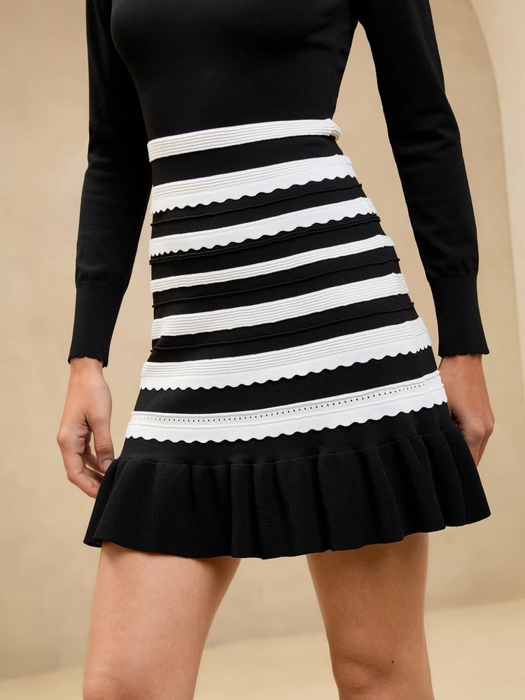 Lipsy Black/White Knitted Scalloped Stripe Stitch Mini Dress - Image 2 of 5