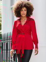 Sosandar Red Satin Pleated Wrap Top - Image 1 of 5