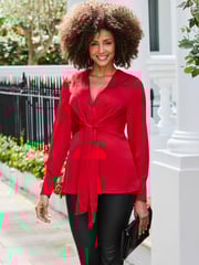 Sosandar Red Satin Pleated Wrap Top - Image 3 of 5