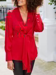 Sosandar Red Satin Pleated Wrap Top - Image 4 of 5