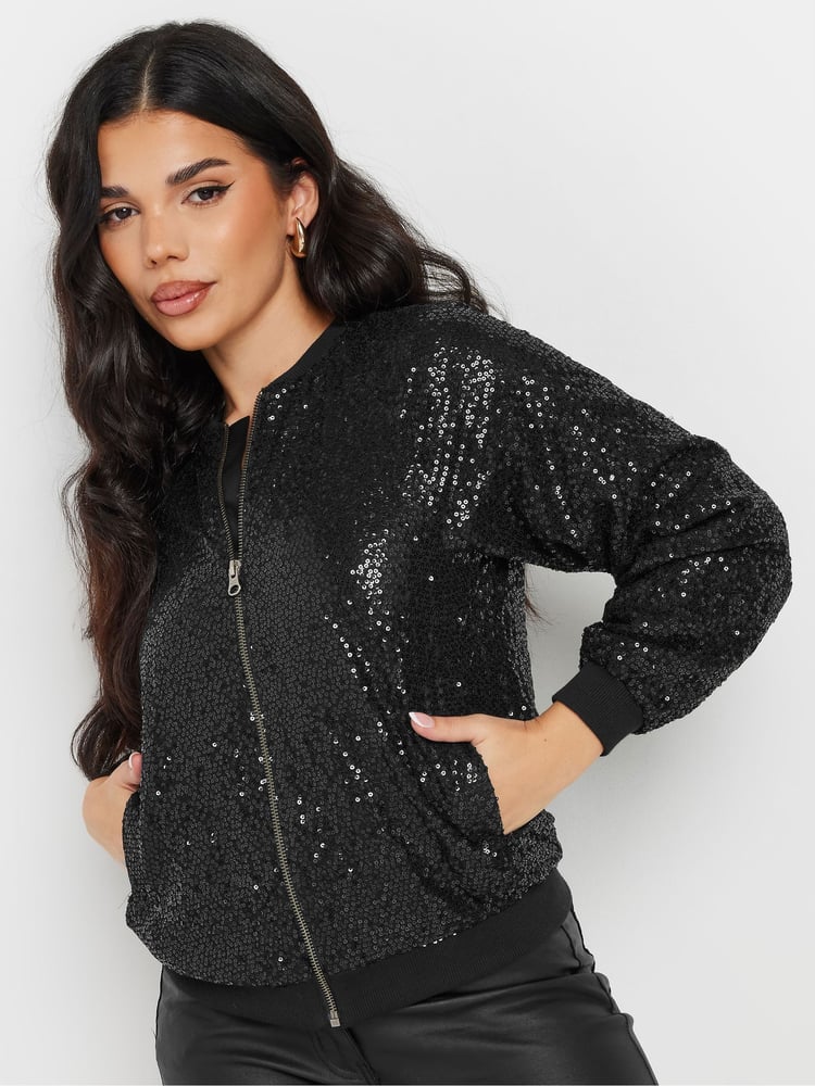 PixieGirl Petite Black Sequin Bomber Jacket - Image 1 of 4
