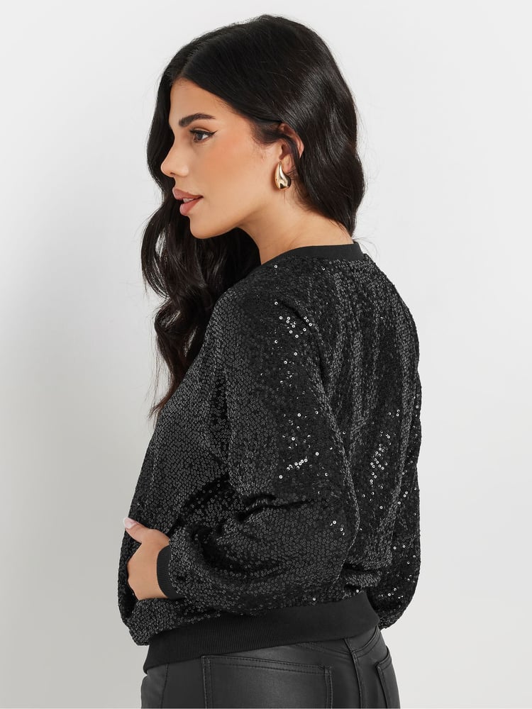 PixieGirl Petite Black Sequin Bomber Jacket - Image 2 of 4
