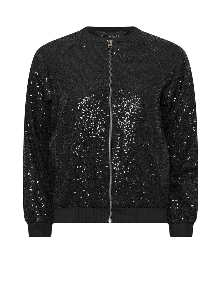 PixieGirl Petite Black Sequin Bomber Jacket - Image 4 of 4