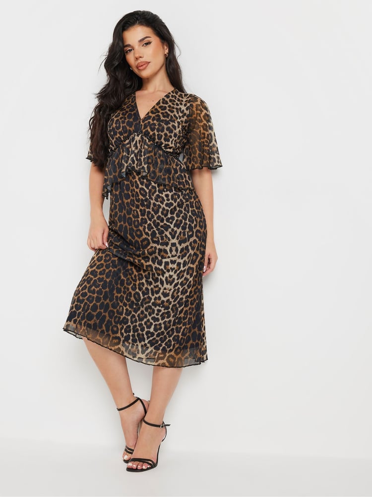 PixieGirl Petite Brown Animal Mesh Frill Midi Dress - Image 1 of 5
