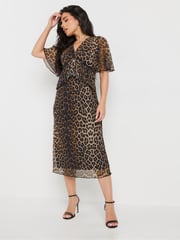 PixieGirl Petite Brown Animal Mesh Frill Midi Dress - Image 2 of 5