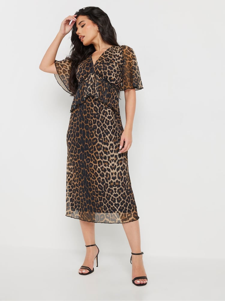PixieGirl Petite Brown Animal Mesh Frill Midi Dress - Image 2 of 5