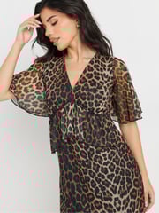 PixieGirl Petite Brown Animal Mesh Frill Midi Dress - Image 4 of 5