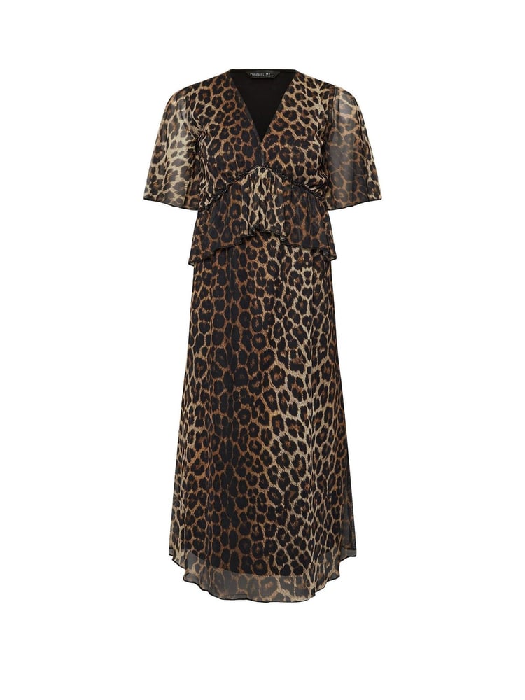 PixieGirl Petite Brown Animal Mesh Frill Midi Dress - Image 5 of 5