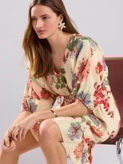 Ecru/Cream & Red Floral Volume Sleeve Tie Mini Dress - Image 3 of 7