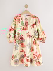 Ecru/Cream & Red Floral Volume Sleeve Tie Mini Dress - Image 5 of 7