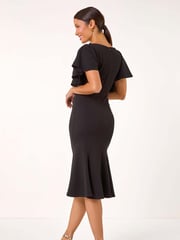 Roman Black Flared Sleeve Front Wrap Midi Dress - Image 3 of 5