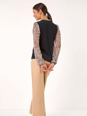Roman Natural Contrast Animal Print Mesh Stretch Top - Image 4 of 6