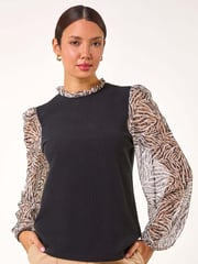 Roman Natural Contrast Animal Print Mesh Stretch Top - Image 5 of 6