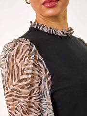 Roman Natural Contrast Animal Print Mesh Stretch Top - Image 6 of 6