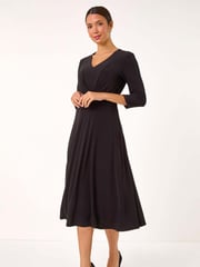 Roman Black Stretch Cross-Over Midi Dress - Image 1 of 5