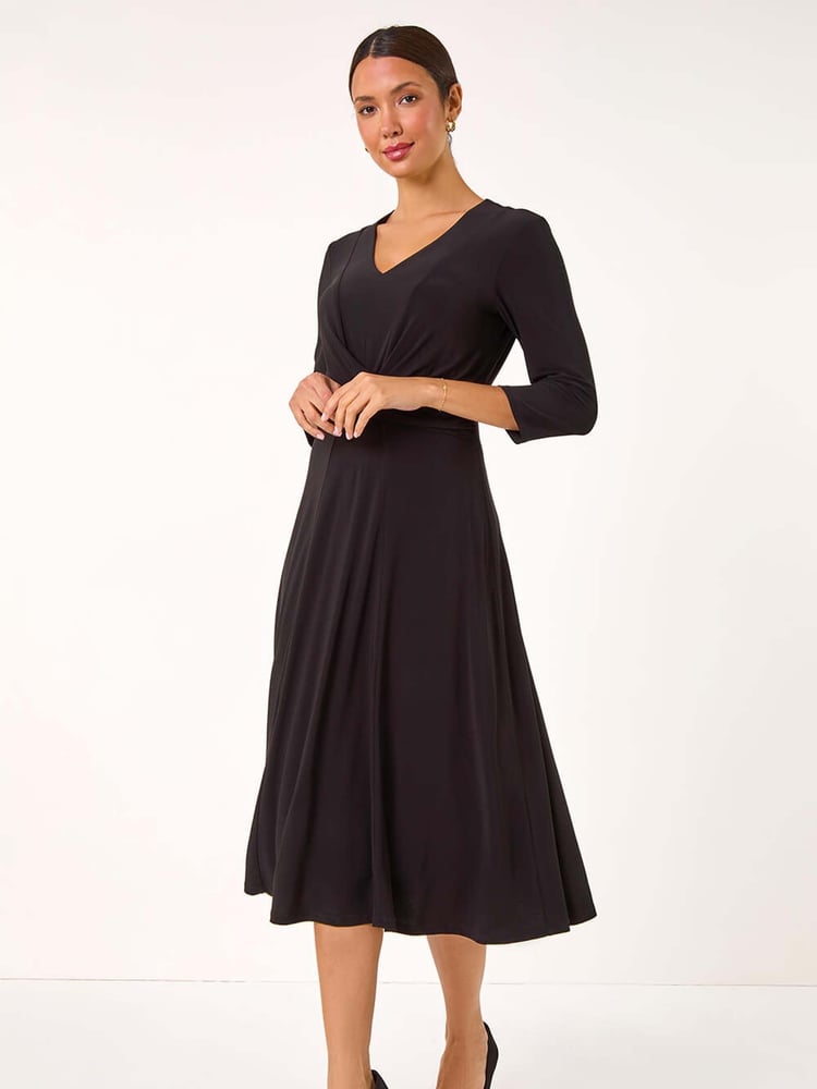 Roman Black Stretch Cross-Over Midi Dress - Image 1 of 5