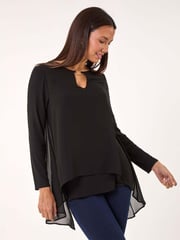 Roman Black Ring Front Chiffon Overlay Tunic Top - Image 1 of 5