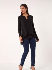 Roman Black Ring Front Chiffon Overlay Tunic Top - Image 2 of 5