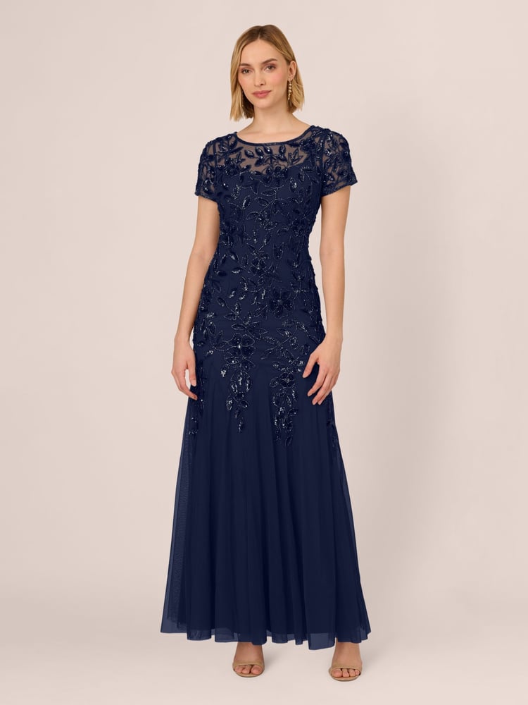 Adrianna Papell Bead Long Dress With Godets - Image 1 of 7