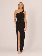 Adrianna by Adrianna Papell Knit Crepe One Shoulder Black Gown - Image 1 of 7