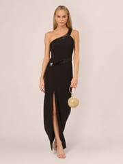 Adrianna by Adrianna Papell Knit Crepe One Shoulder Black Gown - Image 3 of 7