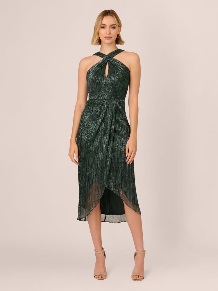 Adrianna Papell Green Halter Crinkle Metallic Dress - Image 1 of 7