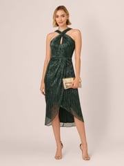 Adrianna Papell Green Halter Crinkle Metallic Dress - Image 3 of 7