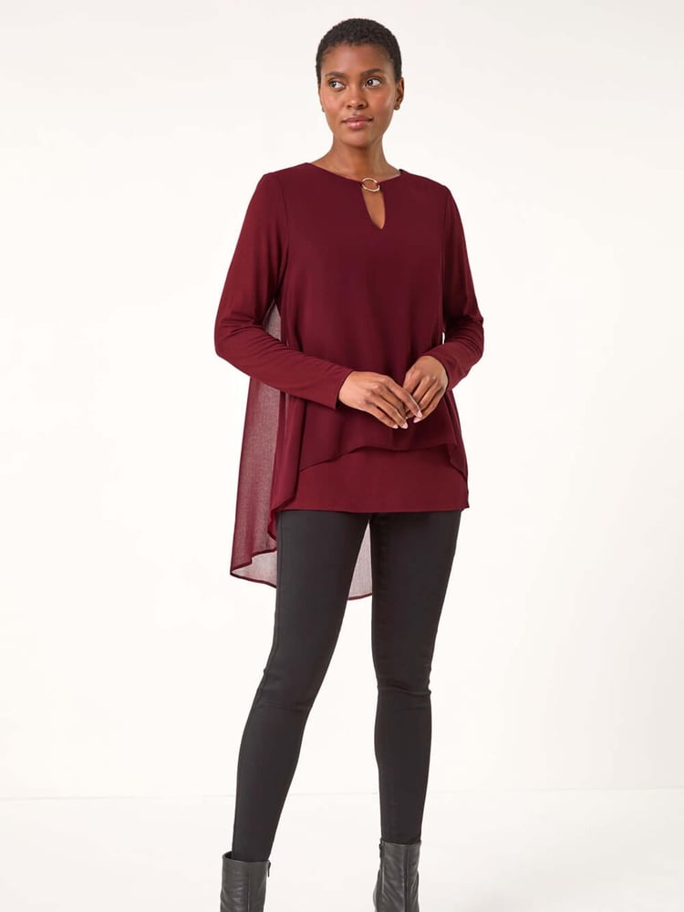 Roman Red Ring Front Chiffon Overlay Tunic Top - Image 2 of 5