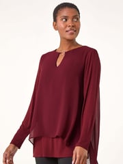 Roman Red Ring Front Chiffon Overlay Tunic Top - Image 4 of 5