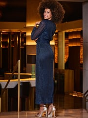 Sosandar Blue Sparkle Plisse Sheer Sleeve Maxi Dress - Image 2 of 5
