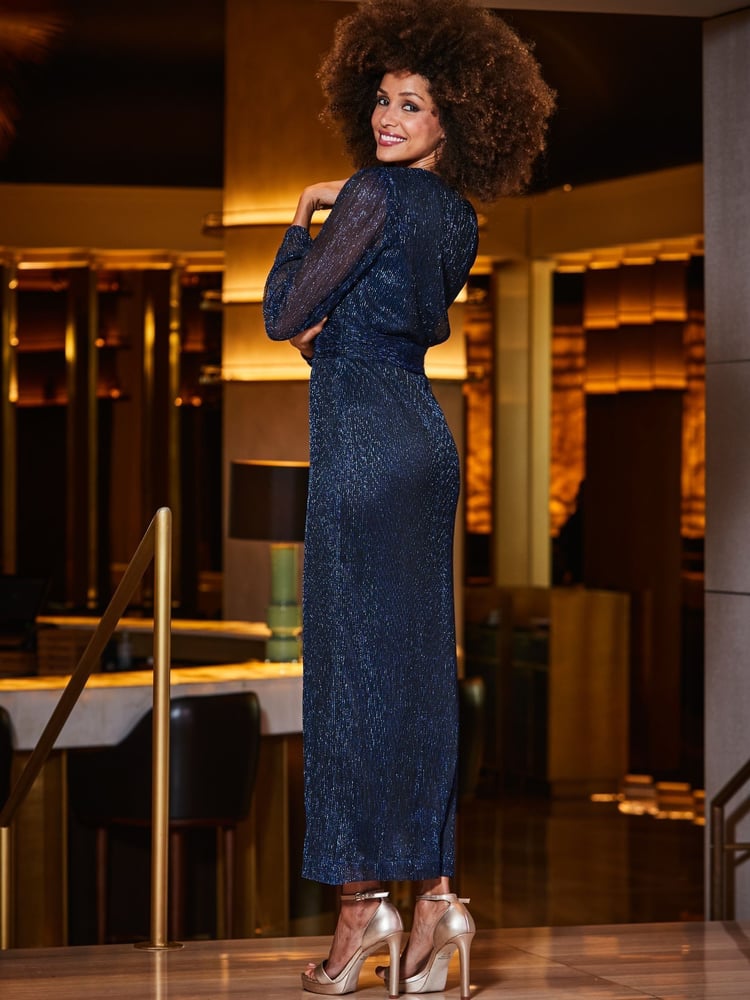 Sosandar Blue Sparkle Plisse Sheer Sleeve Maxi Dress - Image 2 of 5