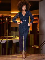 Sosandar Blue Sparkle Plisse Sheer Sleeve Maxi Dress - Image 4 of 5