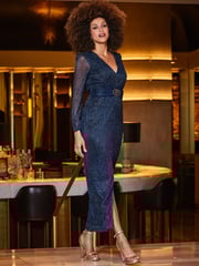 Sosandar Blue Sparkle Plisse Sheer Sleeve Maxi Dress - Image 5 of 5