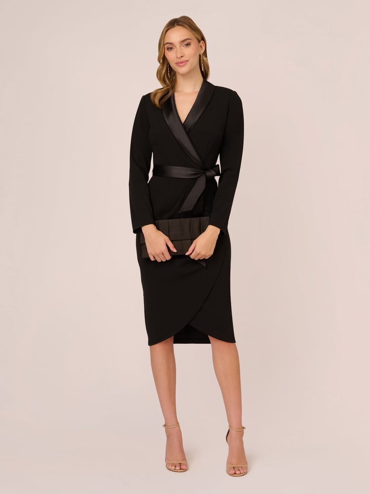 Adrianna Papell Knit Crepe Tuxedo Wrap Black Dress - Image 1 of 7