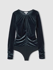 Reiss Slate Blue Etta Velvet Ruched Keyhole Bodysuit - Image 2 of 6