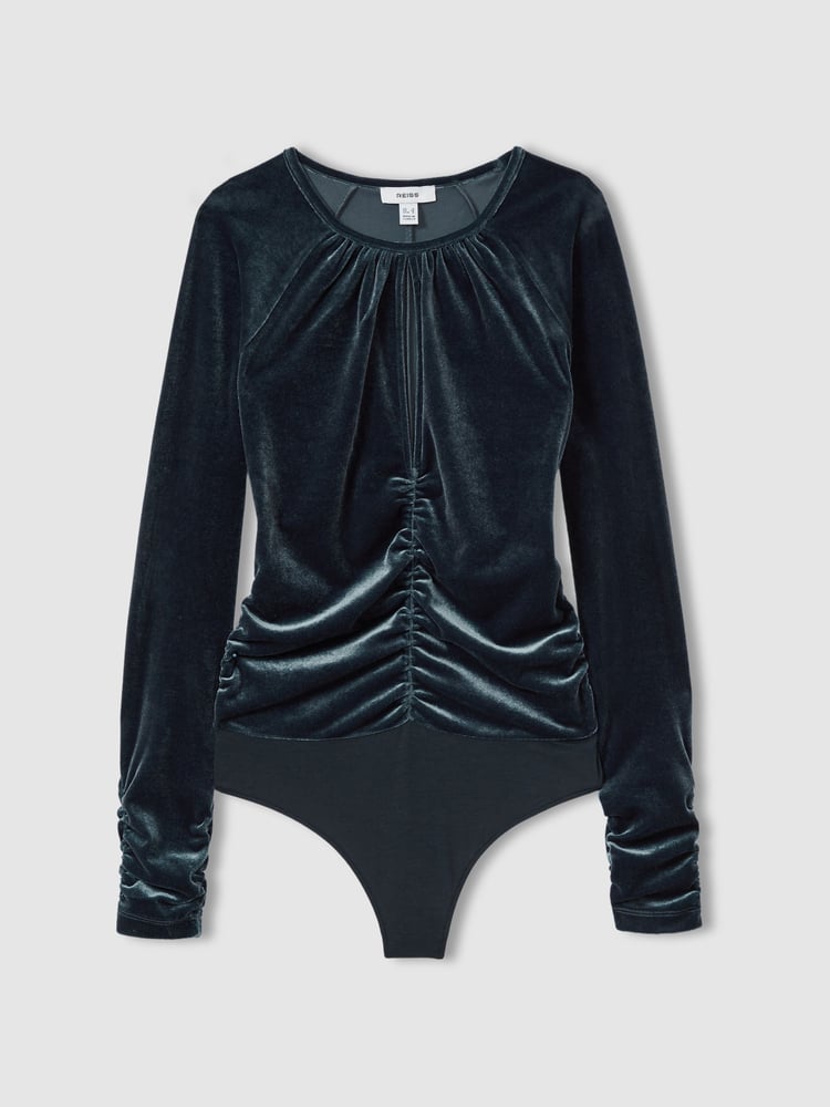 Reiss Slate Blue Etta Velvet Ruched Keyhole Bodysuit - Image 2 of 6