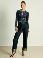 Reiss Slate Blue Etta Velvet Ruched Keyhole Bodysuit - Image 3 of 6