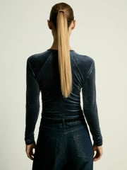 Reiss Slate Blue Etta Velvet Ruched Keyhole Bodysuit - Image 5 of 6