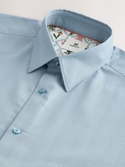 Light Blue Tonal Stripe Regular Fit 100% Cotton Short Sleeve Textured Shirt - Image 7 of 8