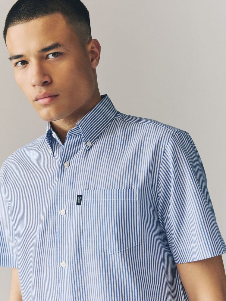 Blue Bengal Short Sleeve With Button Down Collar Stripe Easy Iron Oxford Shirt - Image 1 of 8