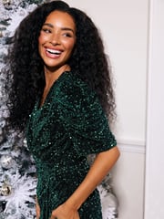 M&Co Green Petite Sequin Velvet Wrap Dress - Image 2 of 7